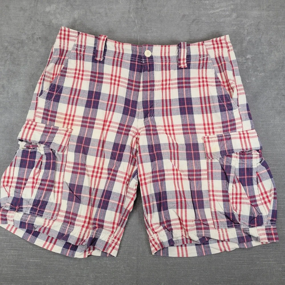 Polo Jeans Co Ralph Lauren Y2K Mens 36 Plaid Cargo Shorts Red Blue White Cotton‎
